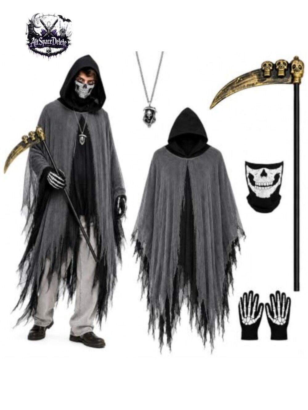 Grim Reaper Costume Set Hooded Cloak Scythe Skull Mask Skeleton Gloves